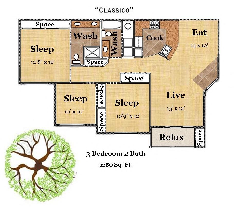Floor plan for 3 beds, 2 baths, 1280 sqft